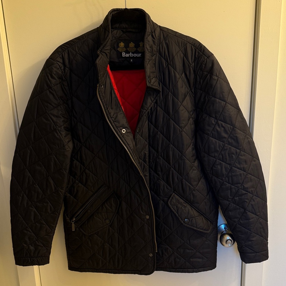 Barbour Men's Quilted Jacket in Black with Red Interior